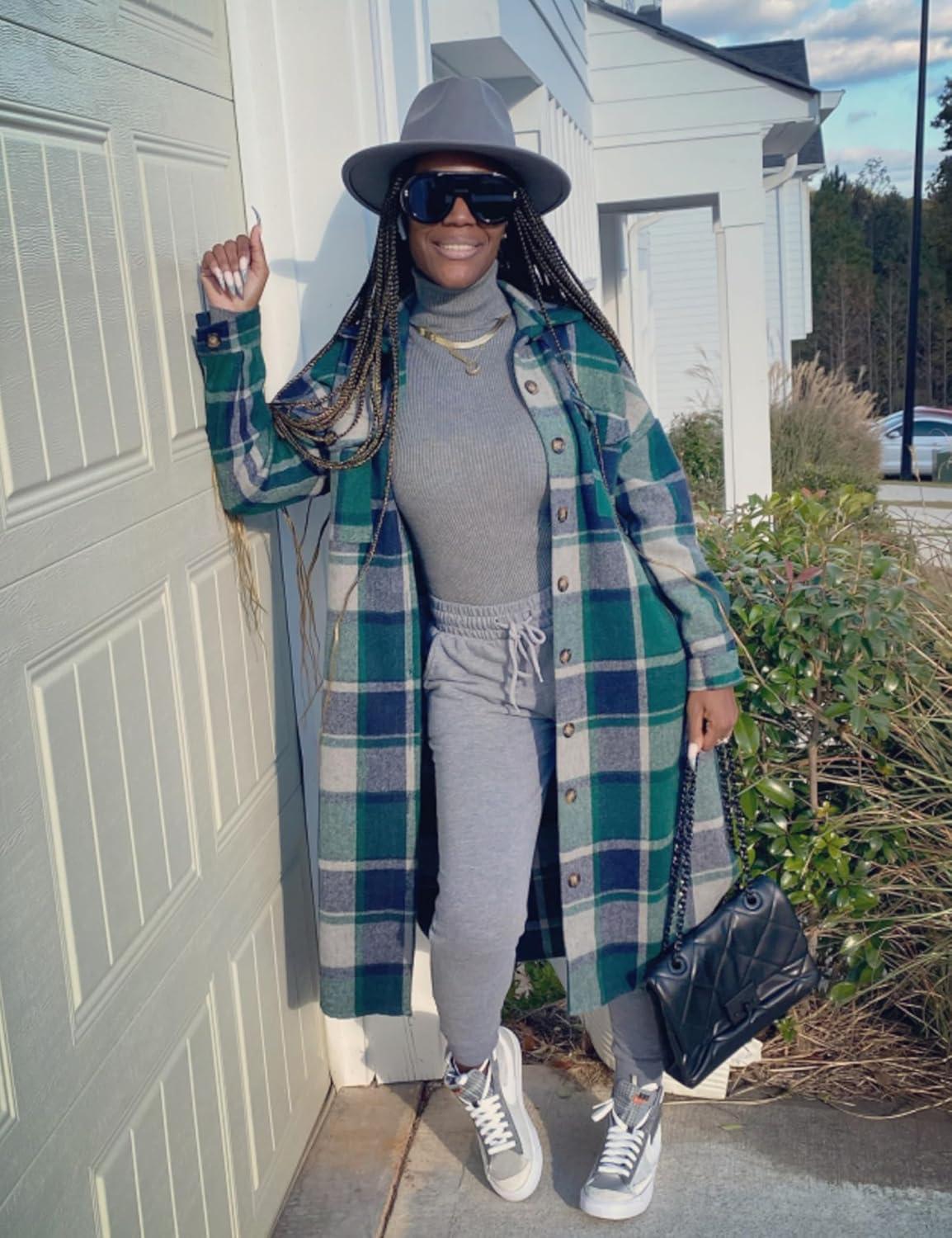 imageOmoone Womens Flannel Plaid Shacket Fall Oversized Long Button Down Shirt Jacket ShacketsGreen