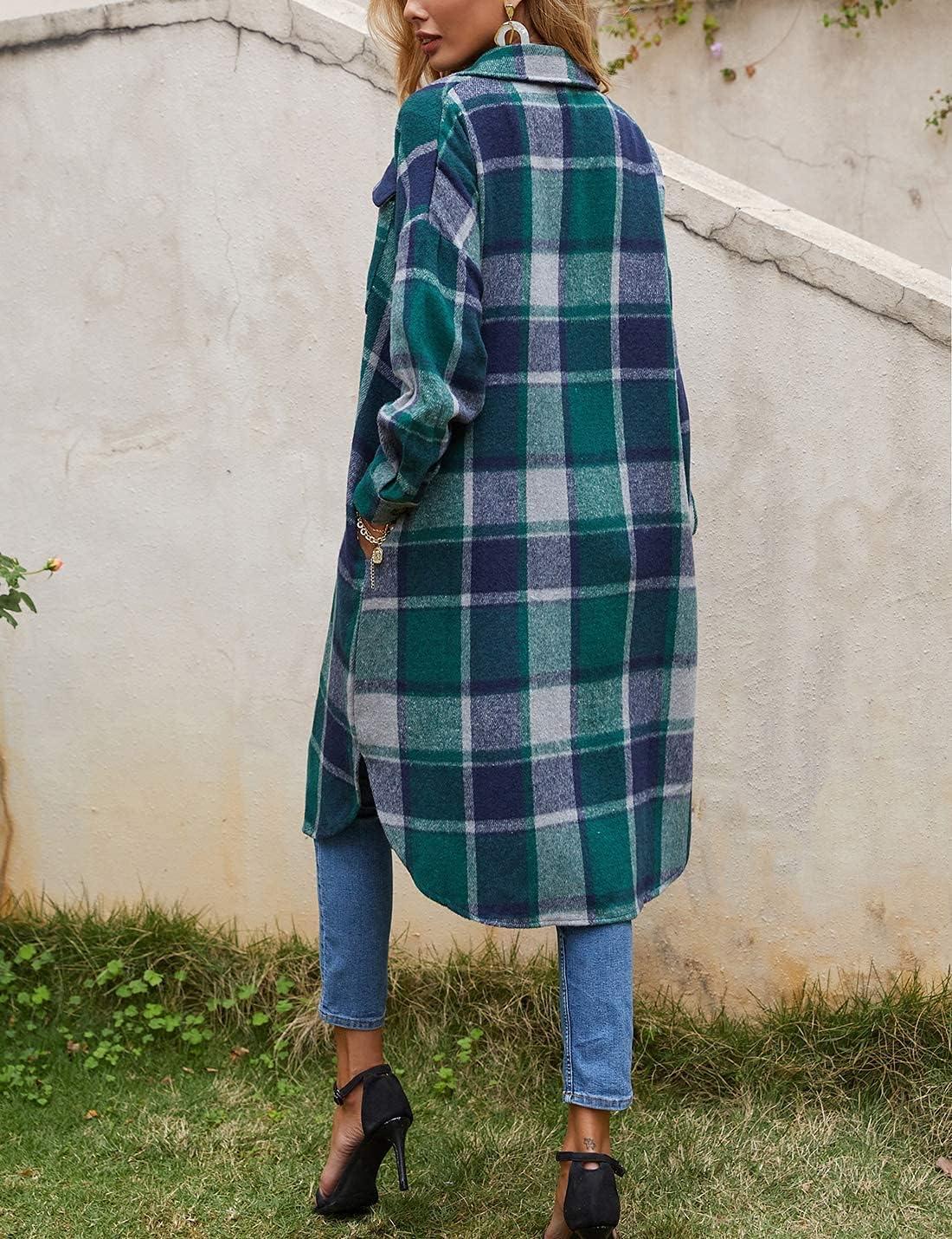 imageOmoone Womens Flannel Plaid Shacket Fall Oversized Long Button Down Shirt Jacket ShacketsGreen