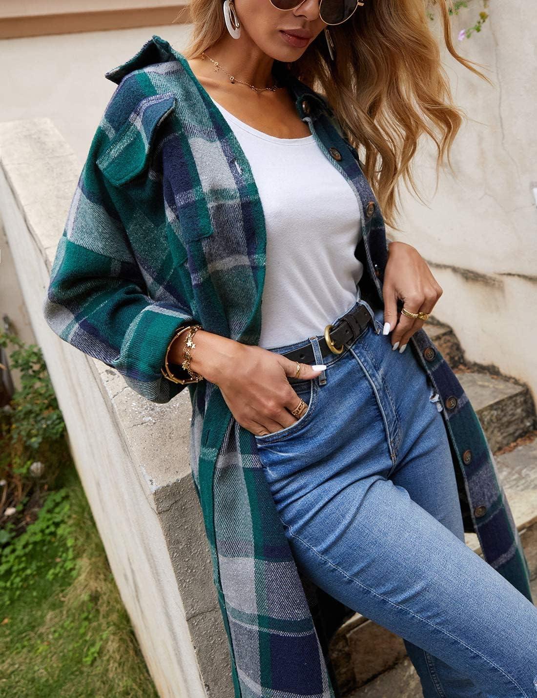 imageOmoone Womens Flannel Plaid Shacket Fall Oversized Long Button Down Shirt Jacket ShacketsGreen