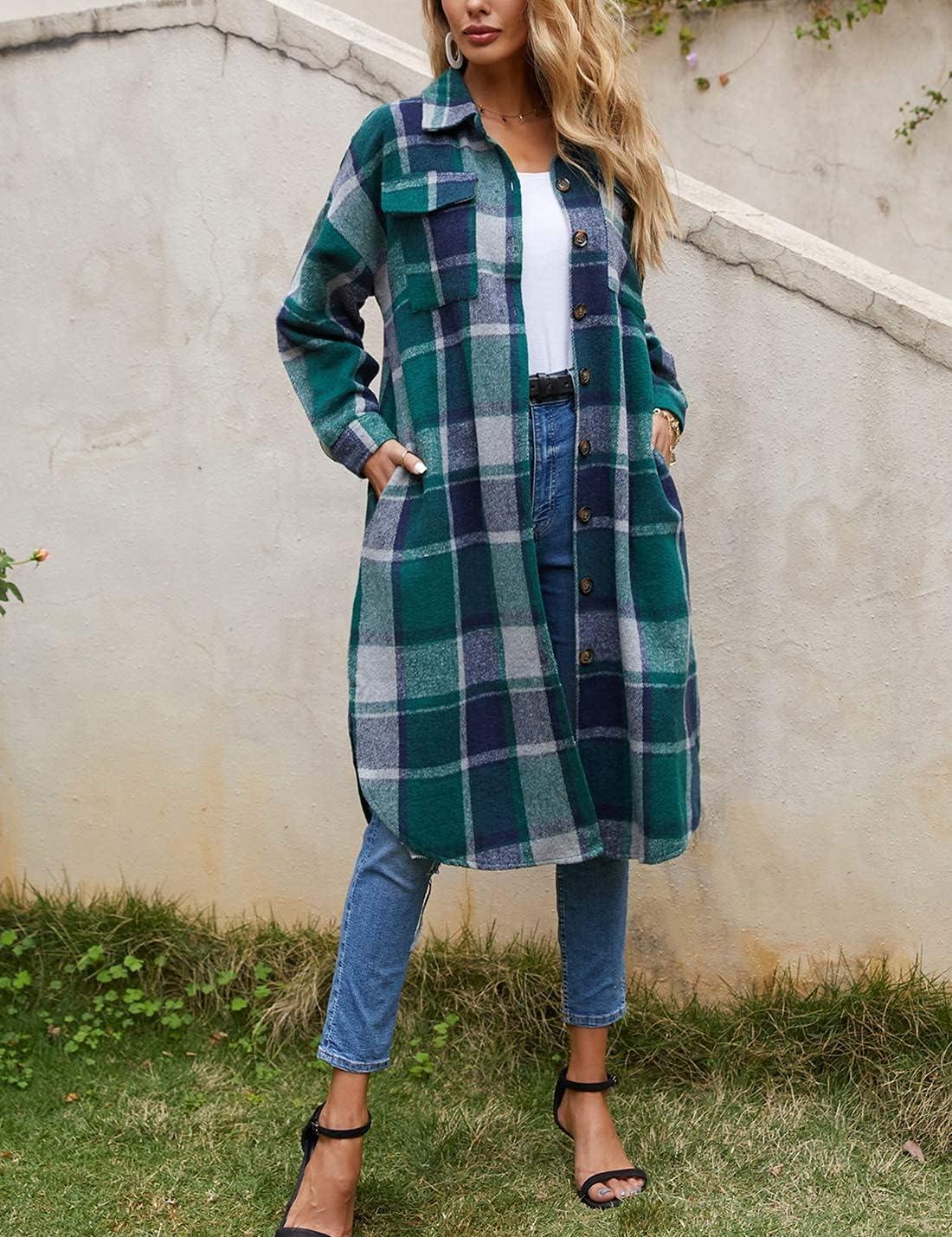 imageOmoone Womens Flannel Plaid Shacket Fall Oversized Long Button Down Shirt Jacket ShacketsGreen