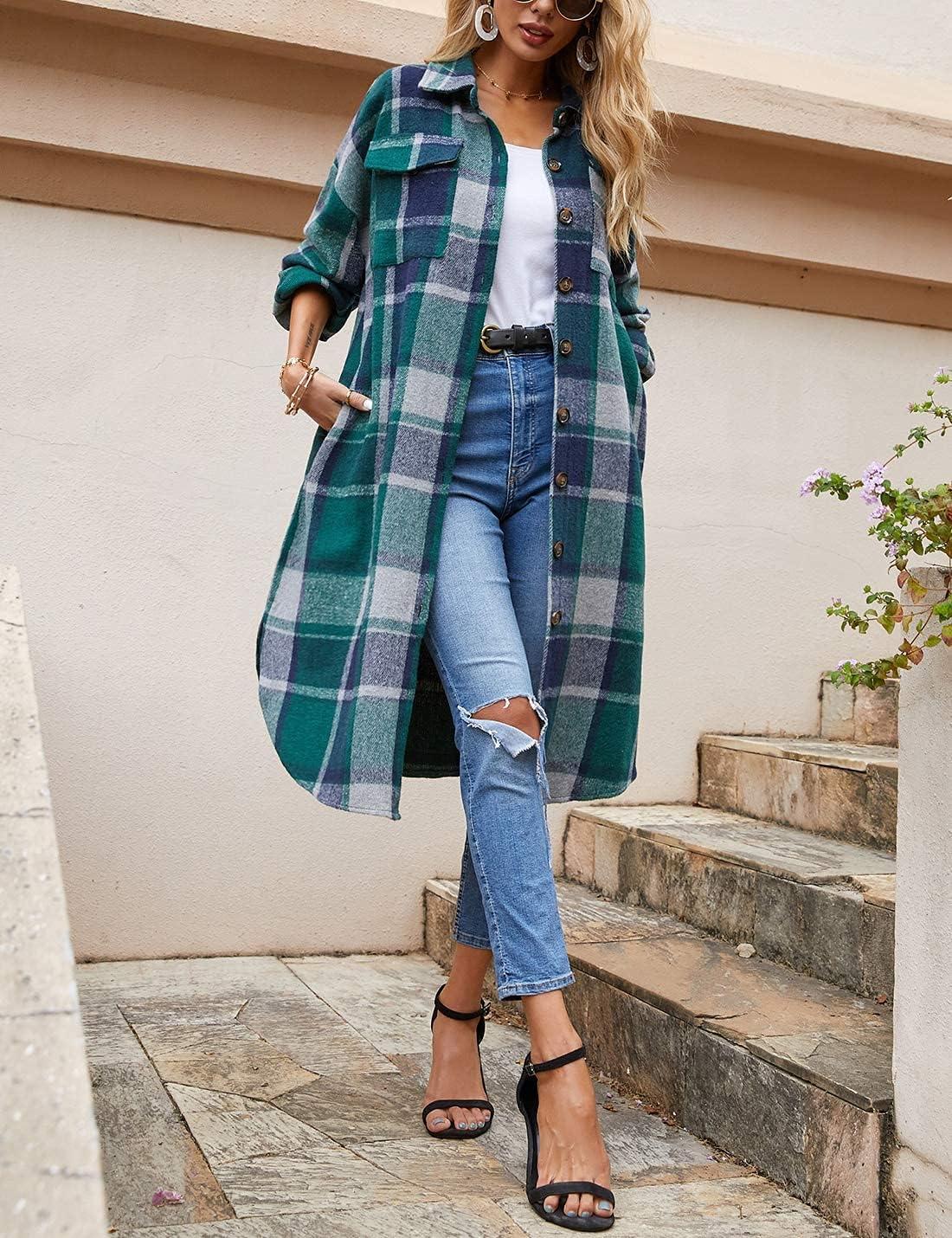 imageOmoone Womens Flannel Plaid Shacket Fall Oversized Long Button Down Shirt Jacket ShacketsGreen