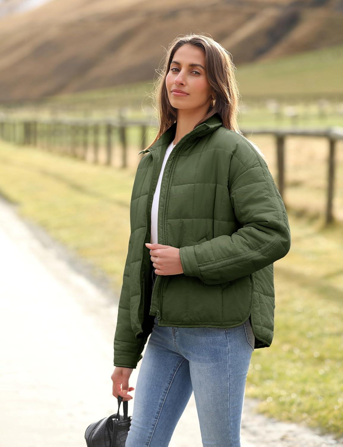 imageOmoone Womens Quilted Puffer Jacket Zip Up Oversized Lightweight Padded Down Coat OuterwearArmy Green