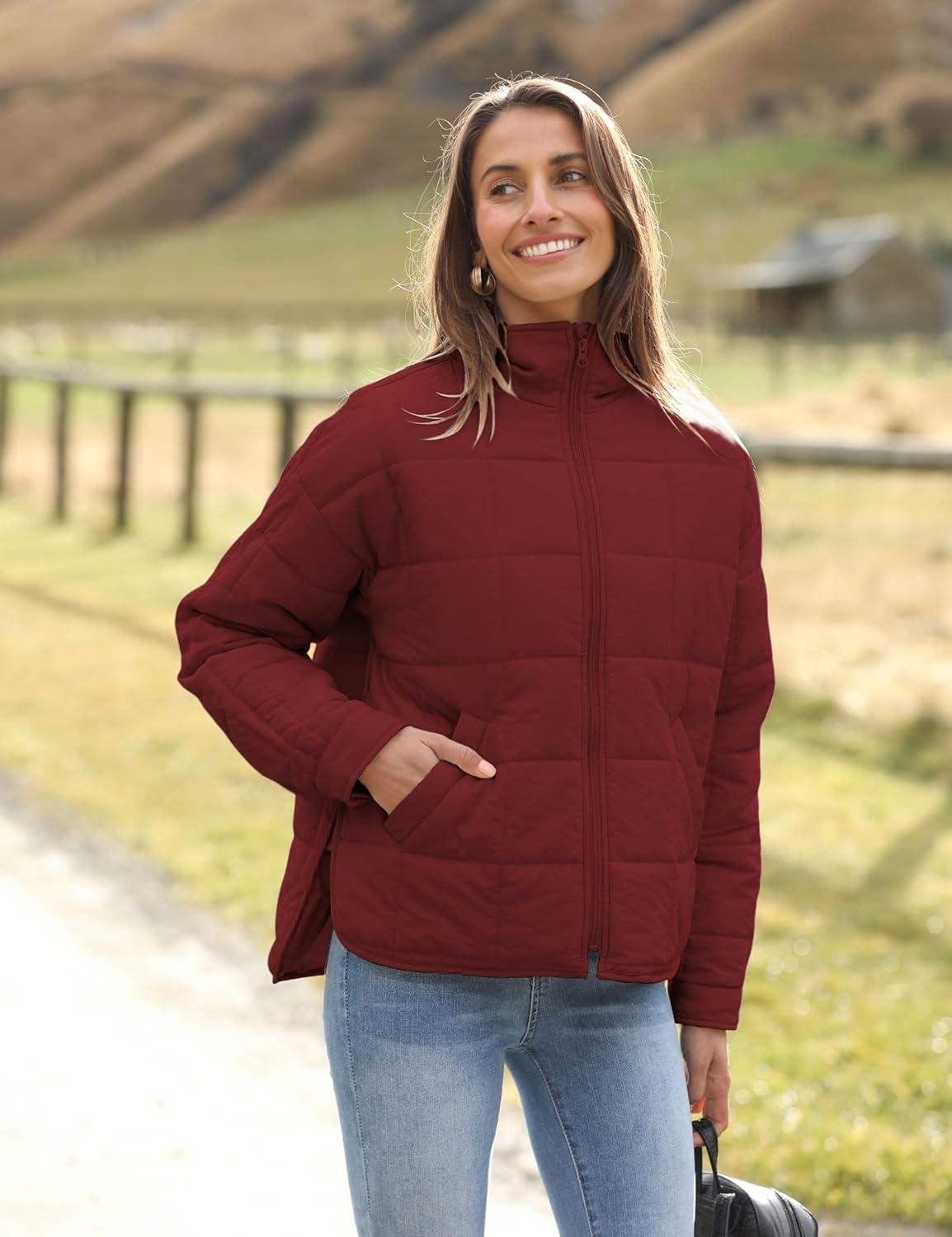 imageOmoone Womens Quilted Puffer Jacket Zip Up Oversized Lightweight Padded Down Coat OuterwearCherryred