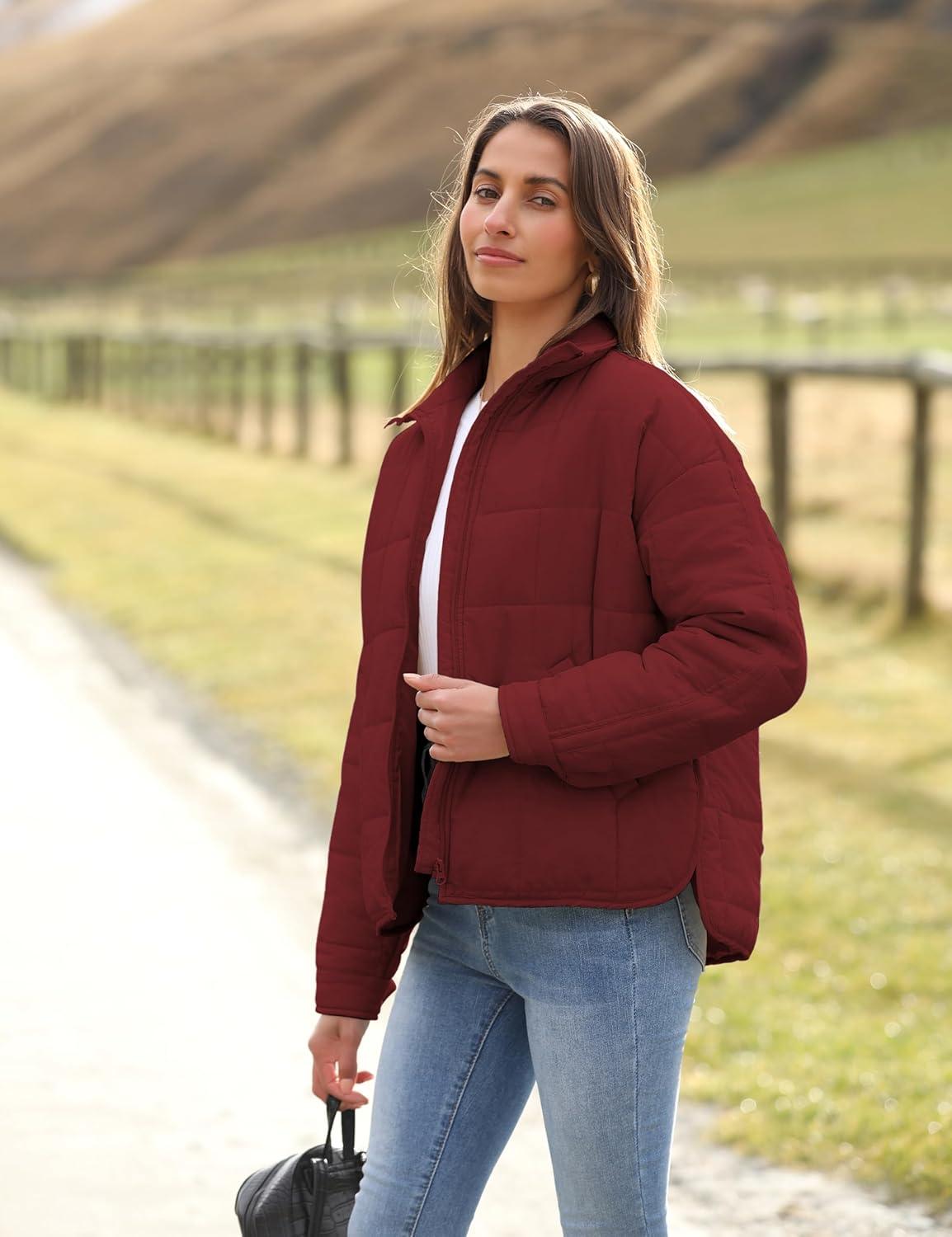 imageOmoone Womens Quilted Puffer Jacket Zip Up Oversized Lightweight Padded Down Coat OuterwearCherryred