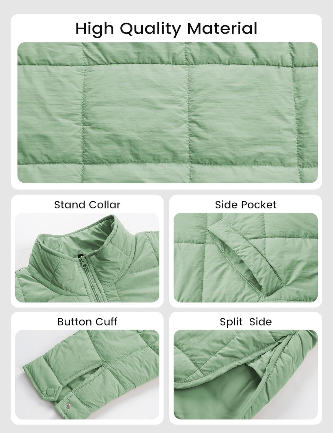 imageOmoone Womens Quilted Puffer Jacket Zip Up Oversized Lightweight Padded Down Coat OuterwearLightgreen
