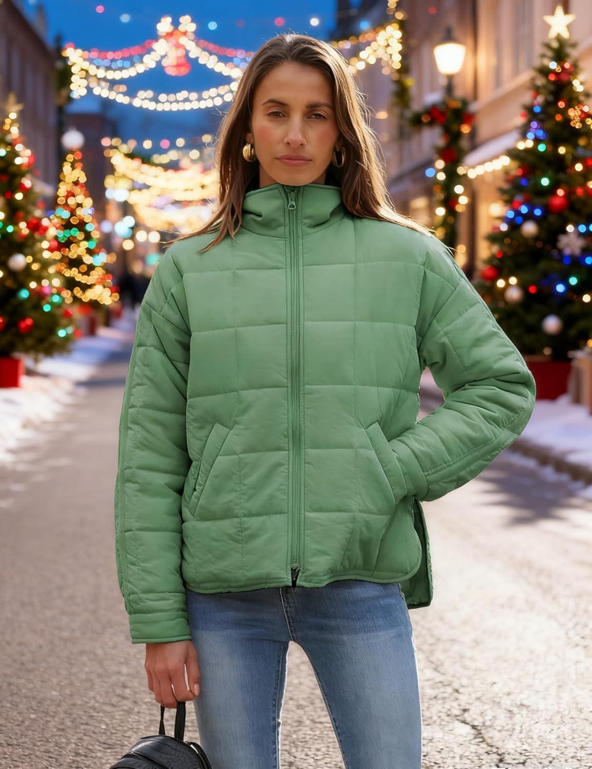 imageOmoone Womens Quilted Puffer Jacket Zip Up Oversized Lightweight Padded Down Coat OuterwearLightgreen