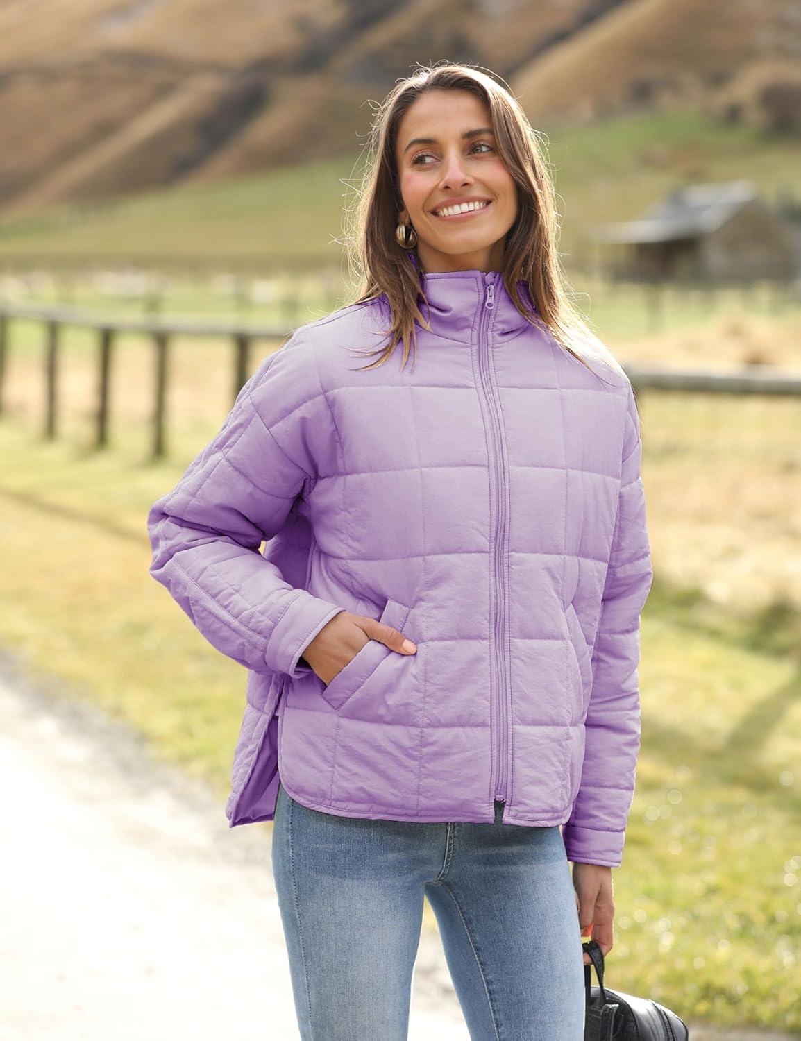 imageOmoone Womens Quilted Puffer Jacket Zip Up Oversized Lightweight Padded Down Coat OuterwearLightpurple
