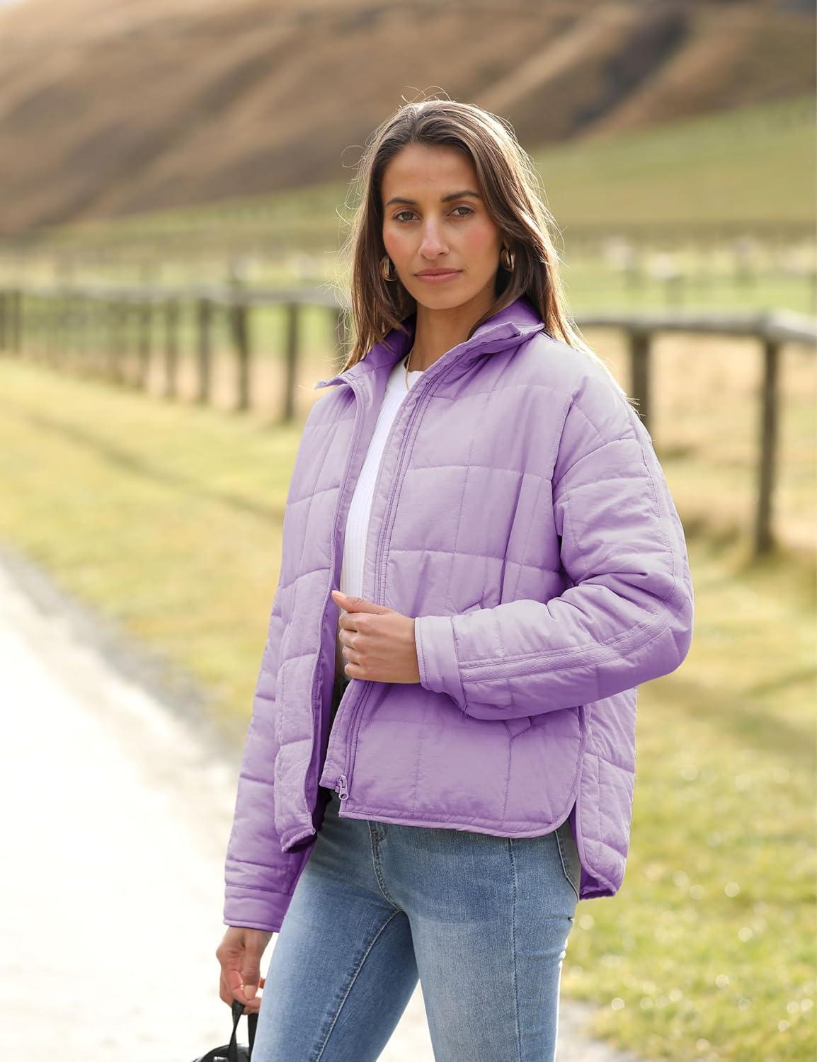 imageOmoone Womens Quilted Puffer Jacket Zip Up Oversized Lightweight Padded Down Coat OuterwearLightpurple