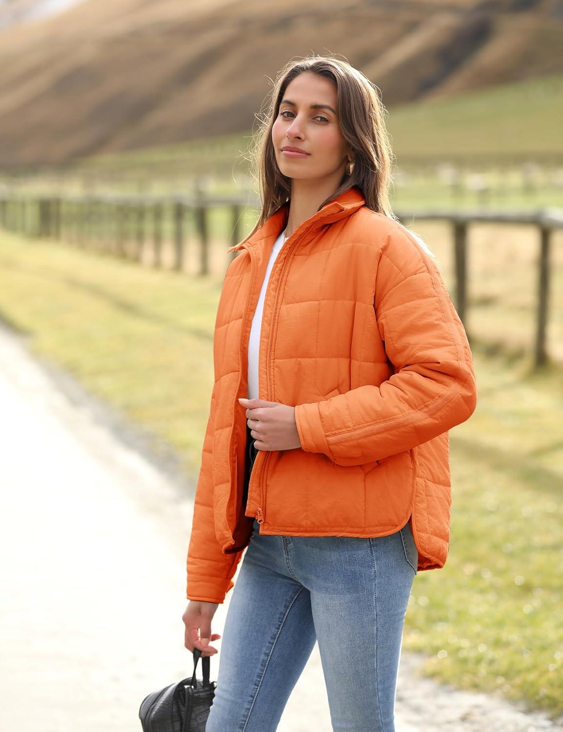 imageOmoone Womens Quilted Puffer Jacket Zip Up Oversized Lightweight Padded Down Coat OuterwearOrange