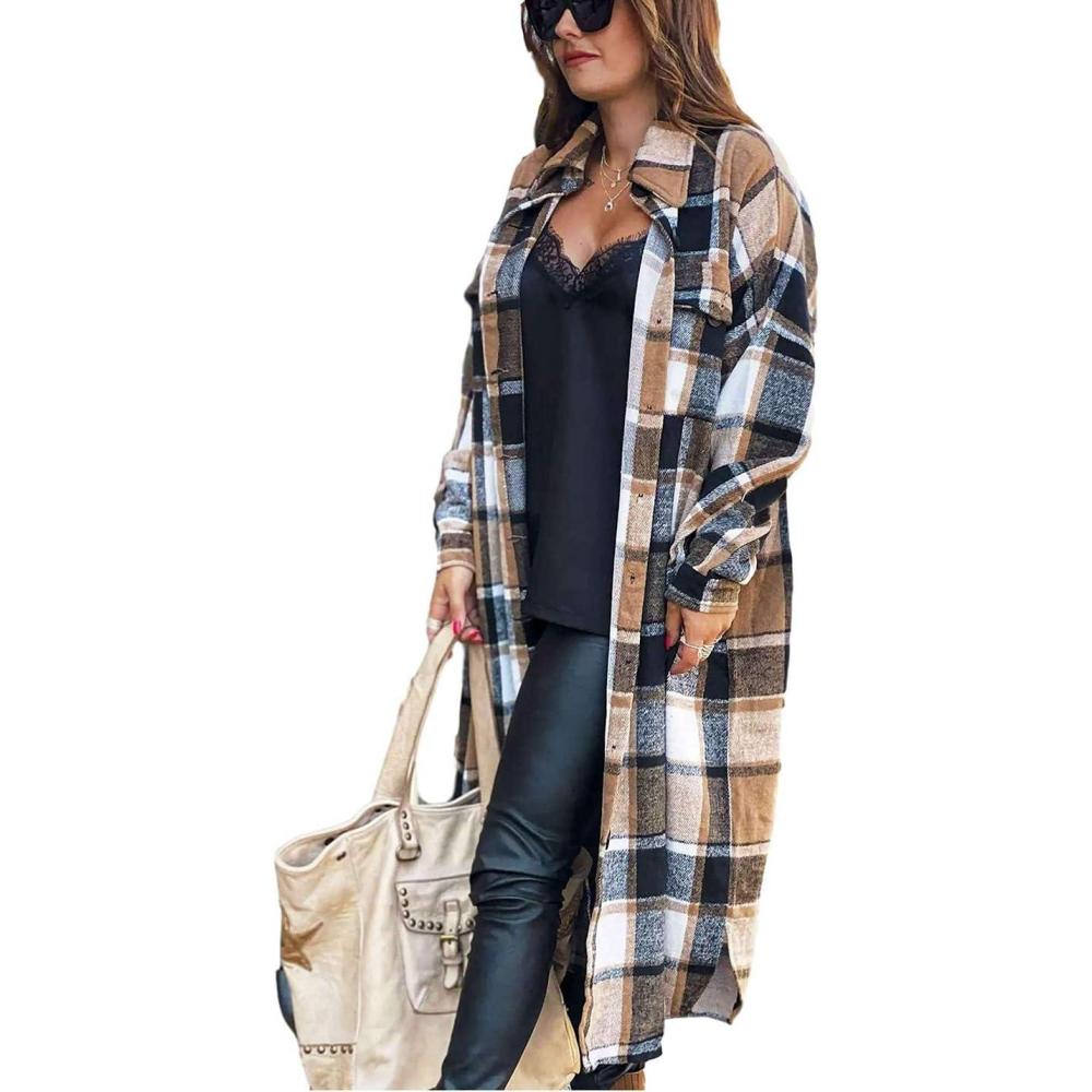 imageOmoone Womens Flannel Plaid Shacket Fall Oversized Long Button Down Shirt Jacket ShacketsBrown
