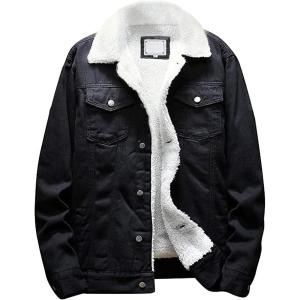 Omoone Men’s Lapel Sherpa Fleece Lined Thicken Denim Jean Trucker Jacket Coats(Black Fleece White)
