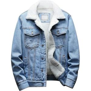 Omoone Men’s Lapel Sherpa Fleece Lined Thicken Denim Jean Trucker Jacket Coats(Denim Blue Fleece White)