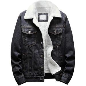 Omoone Men’s Lapel Sherpa Fleece Lined Thicken Denim Jean Trucker Jacket Coats(Retro Black Fleece White)