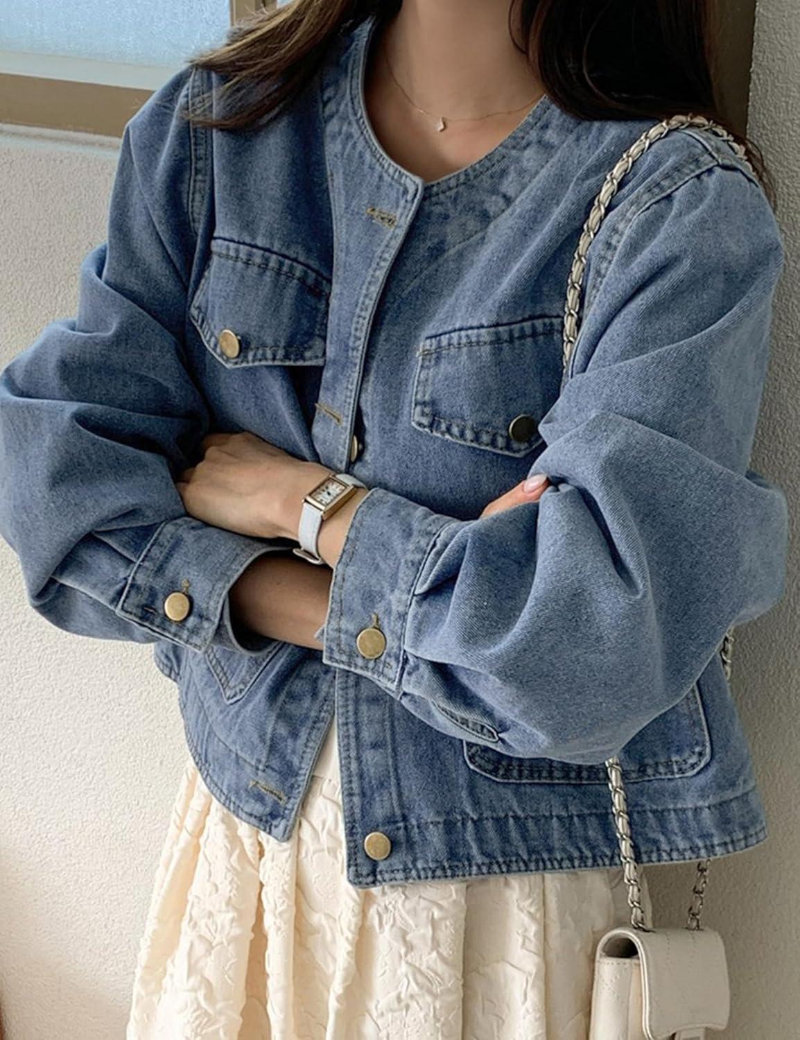 imageOmoone Womens Denim Jacket Long Sleeve Crop Button Down Collarless Jean Jacket Coat with PocketsDenimblue