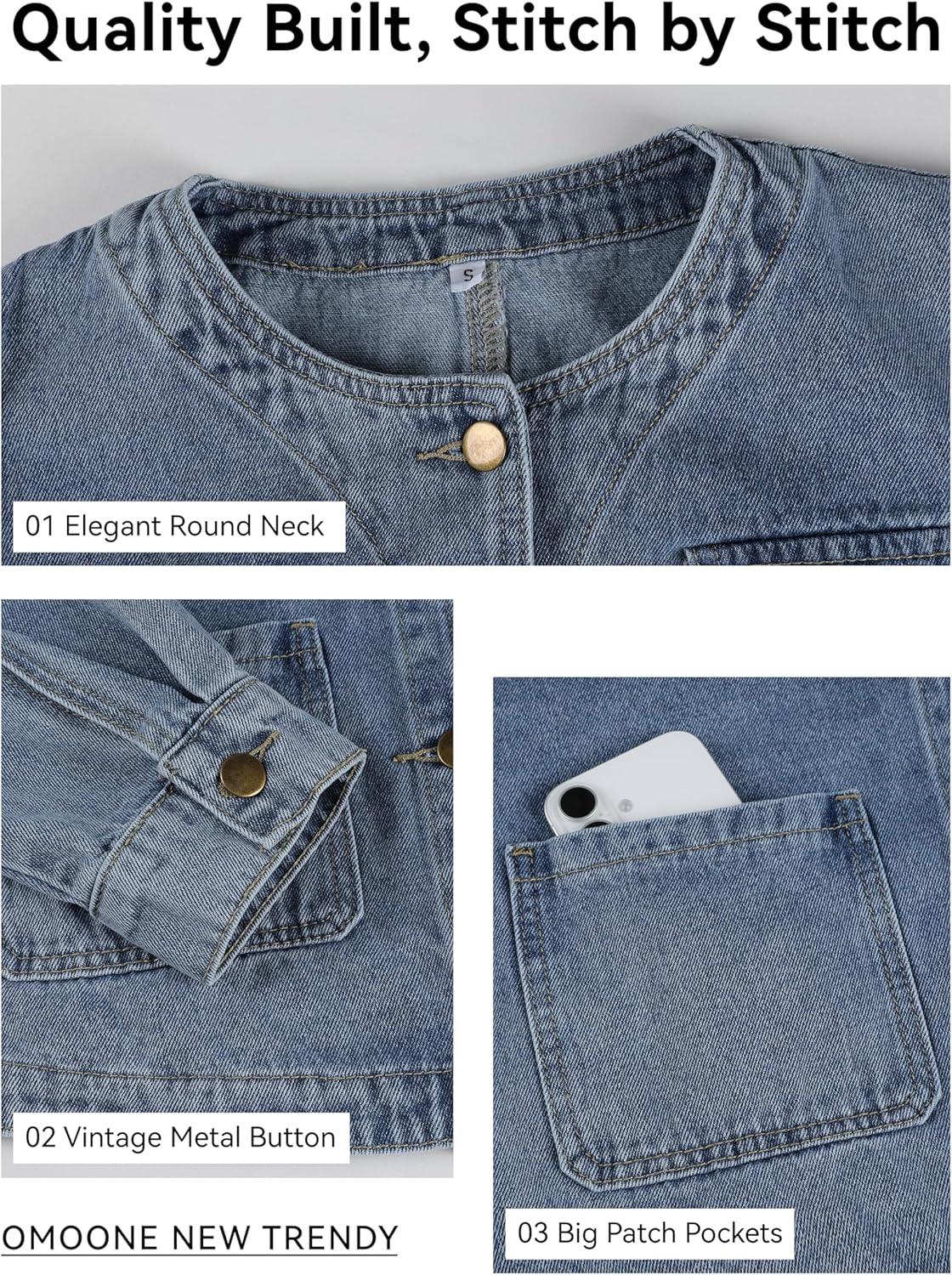 imageOmoone Womens Denim Jacket Long Sleeve Crop Button Down Collarless Jean Jacket Coat with PocketsDenimblue