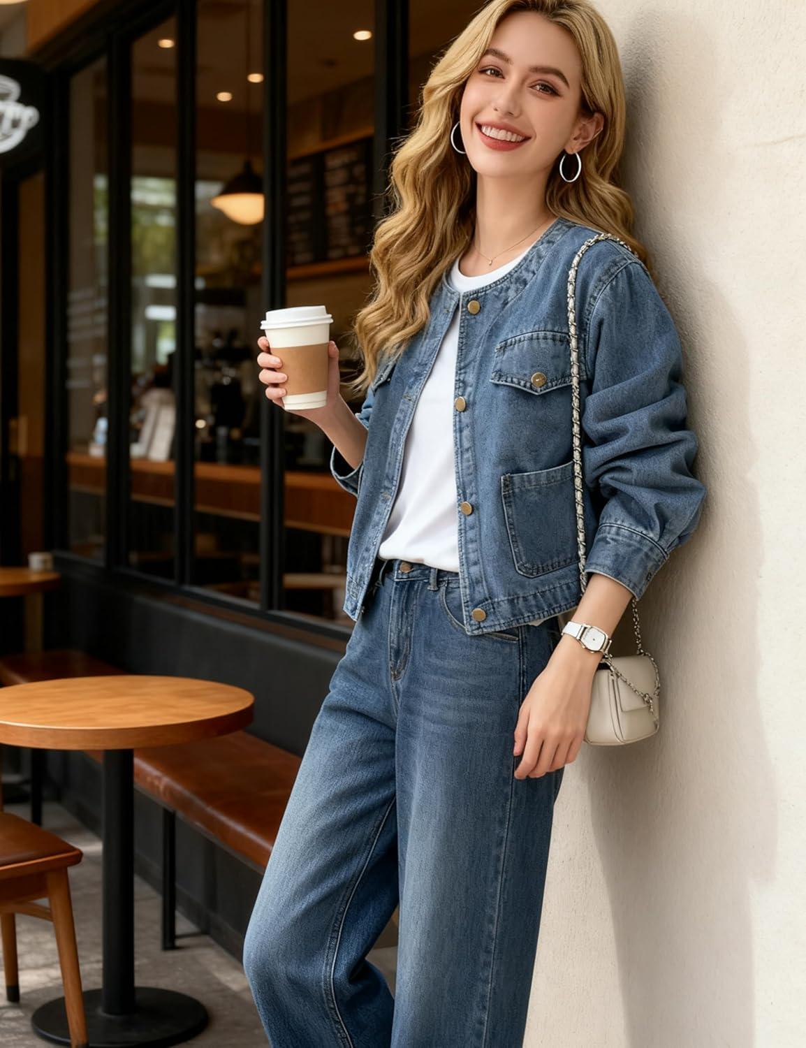 imageOmoone Womens Denim Jacket Long Sleeve Crop Button Down Collarless Jean Jacket Coat with PocketsDenimblue