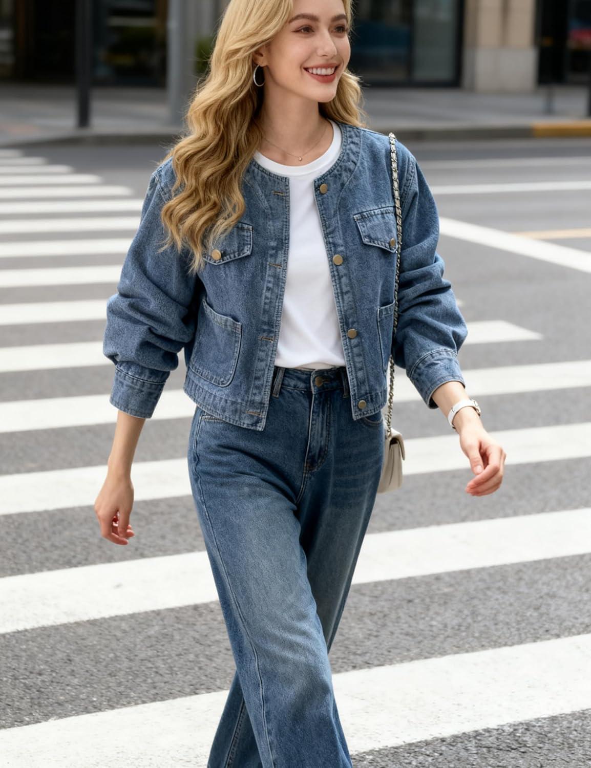 imageOmoone Womens Denim Jacket Long Sleeve Crop Button Down Collarless Jean Jacket Coat with PocketsDenimblue