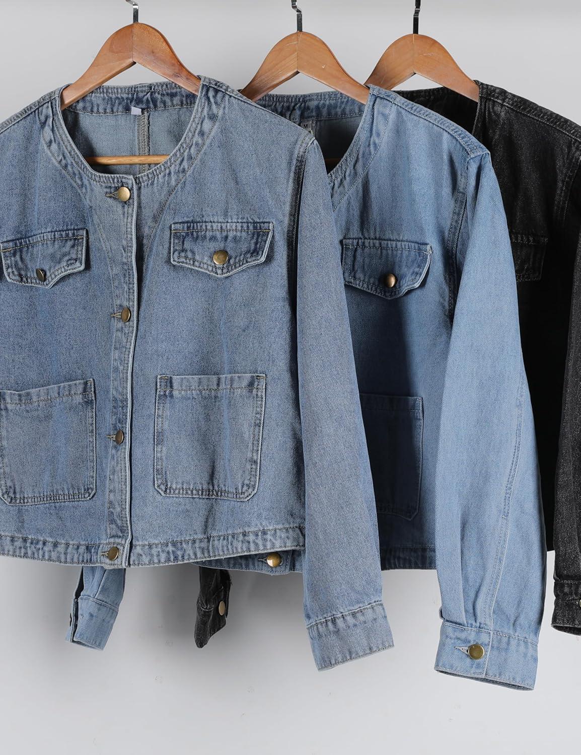 imageOmoone Womens Denim Jacket Long Sleeve Crop Button Down Collarless Jean Jacket Coat with PocketsDenimblue