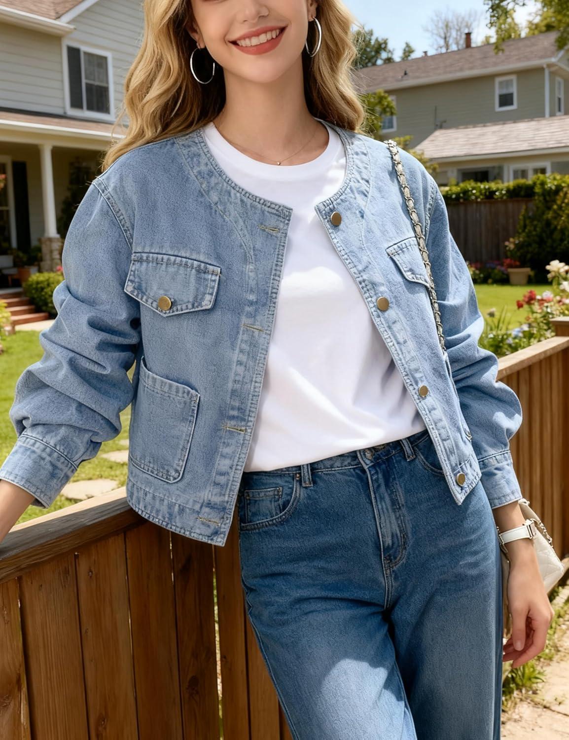 imageOmoone Womens Denim Jacket Long Sleeve Crop Button Down Collarless Jean Jacket Coat with PocketsLightblue