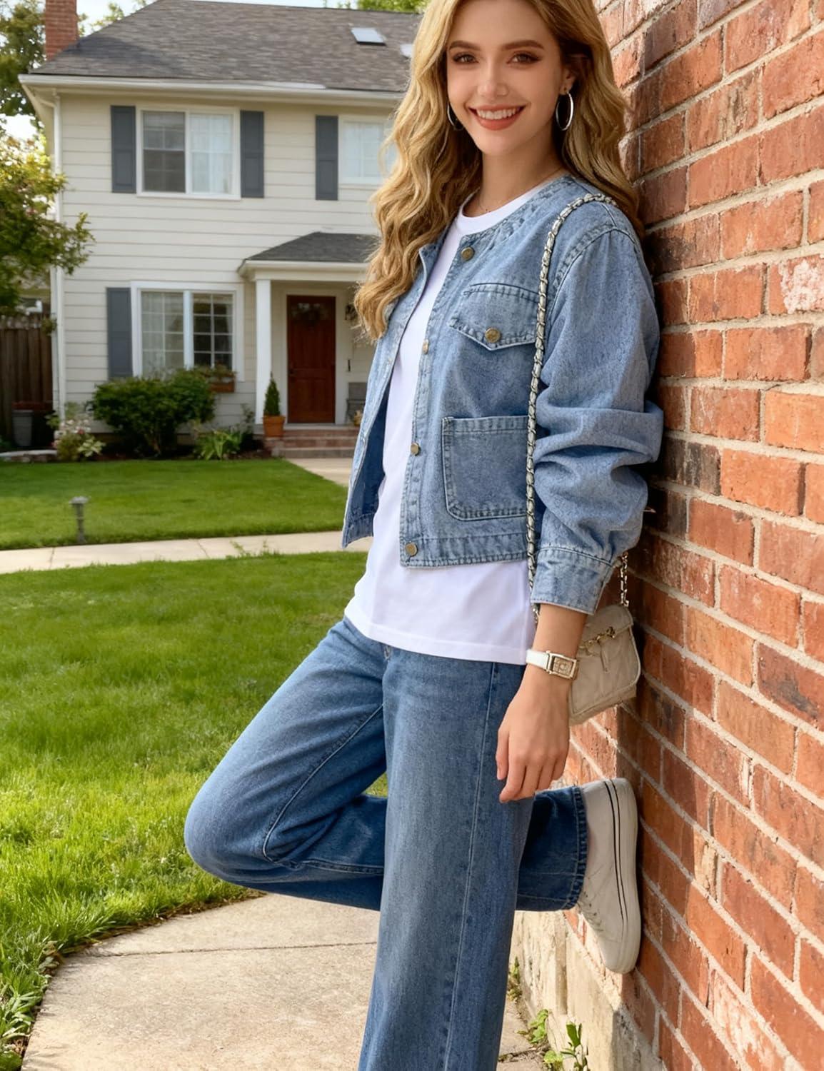 imageOmoone Womens Denim Jacket Long Sleeve Crop Button Down Collarless Jean Jacket Coat with PocketsLightblue