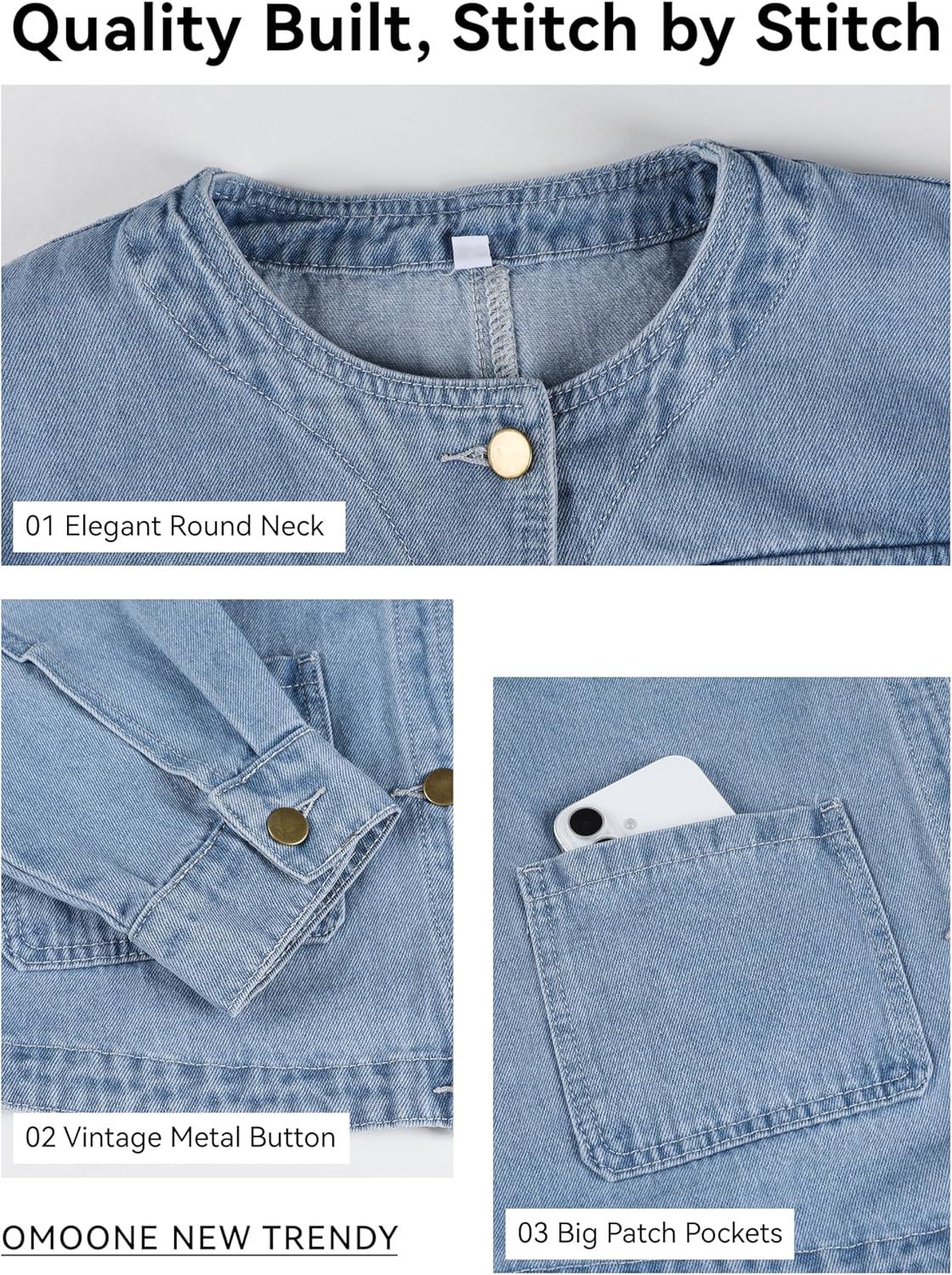 imageOmoone Womens Denim Jacket Long Sleeve Crop Button Down Collarless Jean Jacket Coat with PocketsLightblue