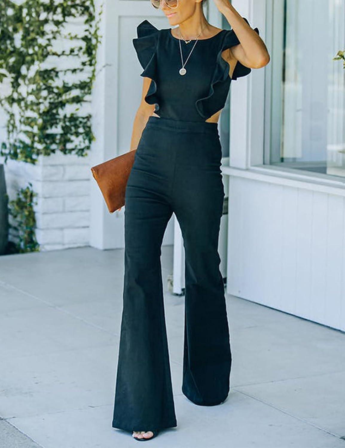 imageOmoone Womens Flared Denim Overalls Jumpsuit Ruffle Sleeves Backless Stretchy Blue Jean RomperBlack