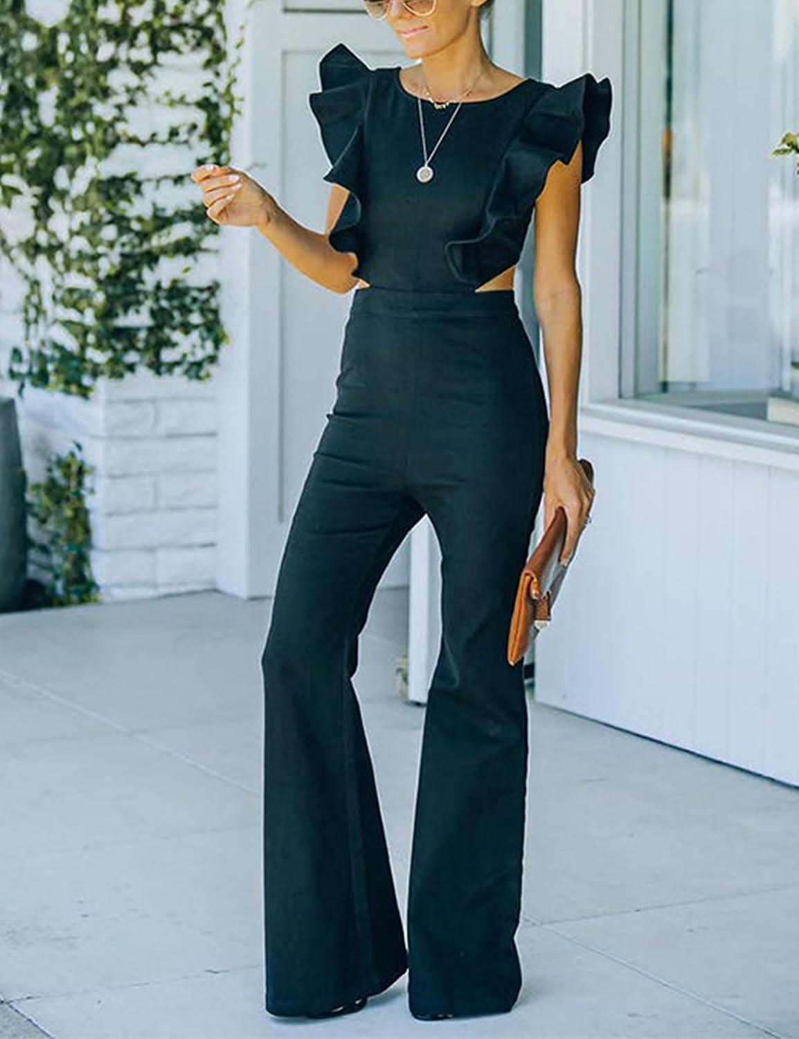 imageOmoone Womens Flared Denim Overalls Jumpsuit Ruffle Sleeves Backless Stretchy Blue Jean RomperBlack