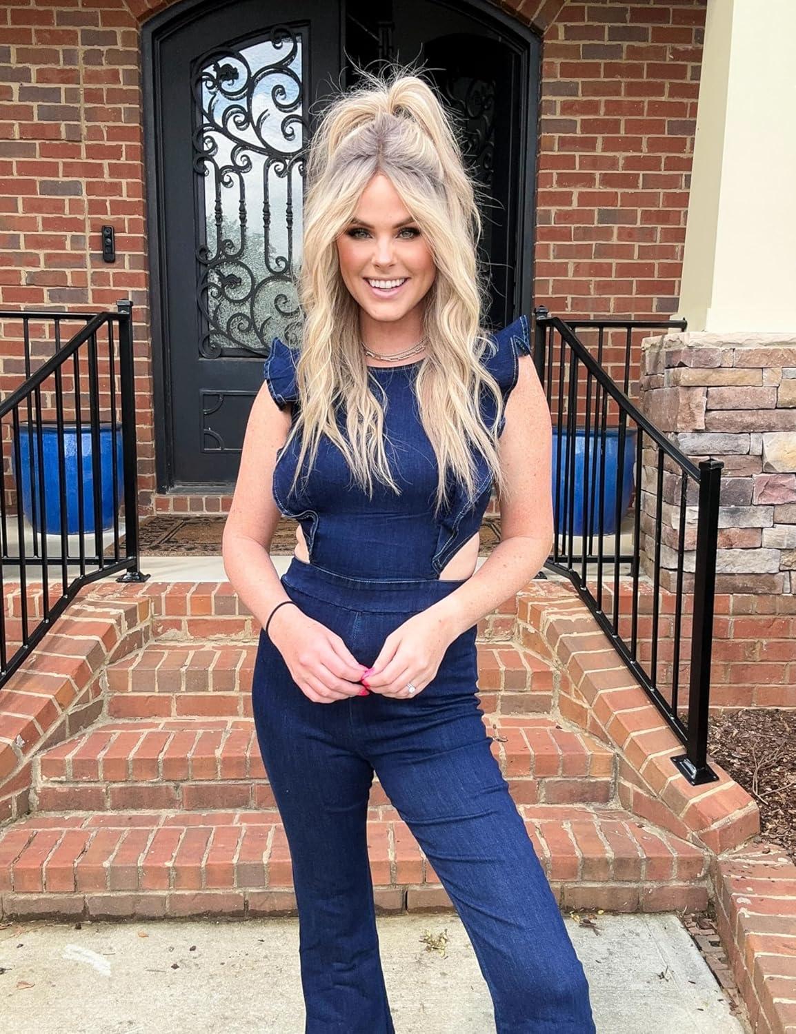 imageOmoone Womens Flared Denim Overalls Jumpsuit Ruffle Sleeves Backless Stretchy Blue Jean RomperDark Blue
