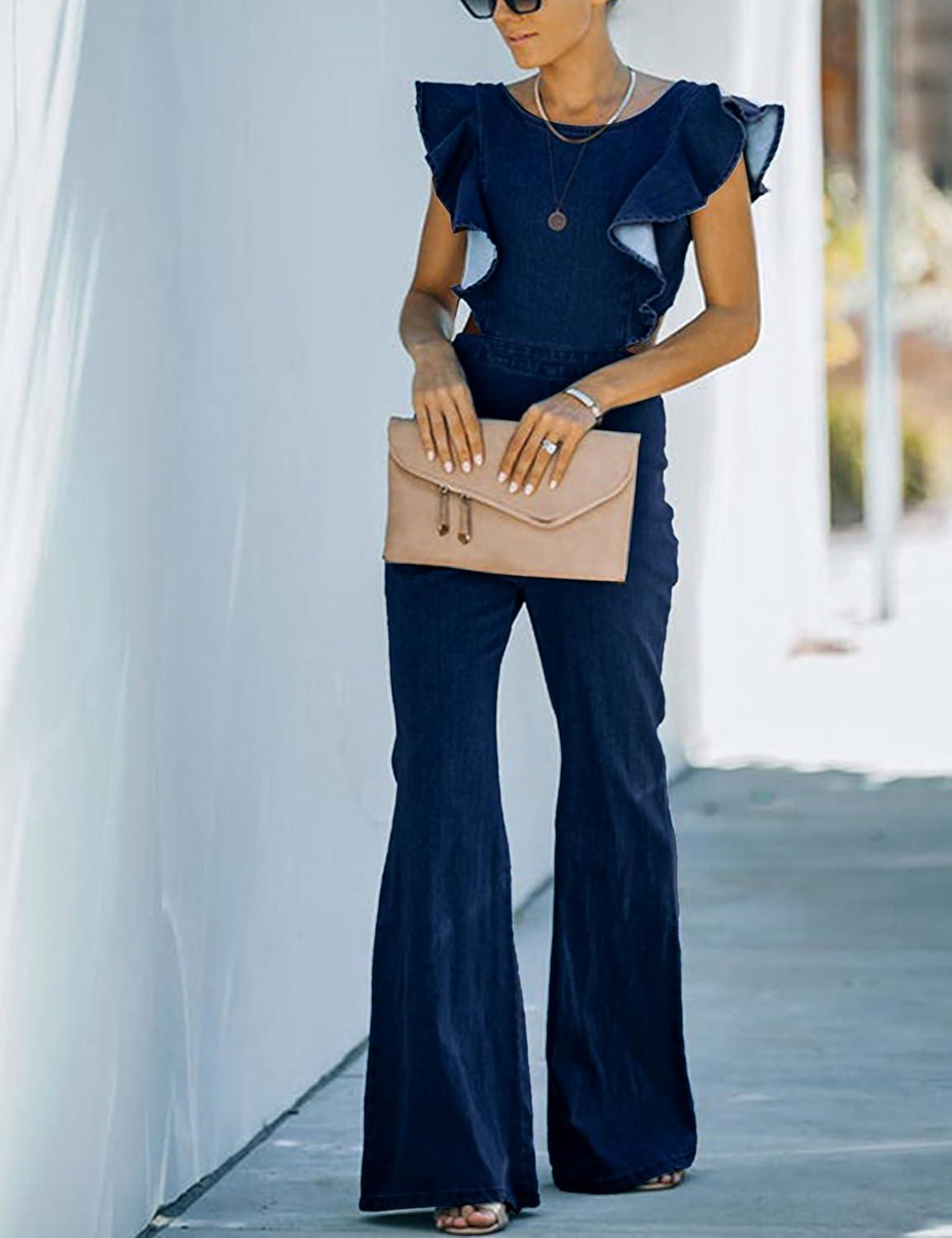 imageOmoone Womens Flared Denim Overalls Jumpsuit Ruffle Sleeves Backless Stretchy Blue Jean RomperDark Blue