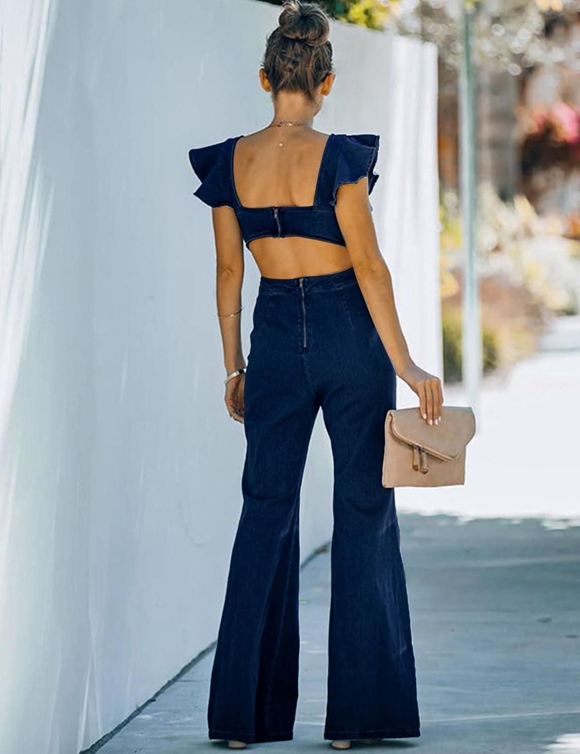 imageOmoone Womens Flared Denim Overalls Jumpsuit Ruffle Sleeves Backless Stretchy Blue Jean RomperDark Blue