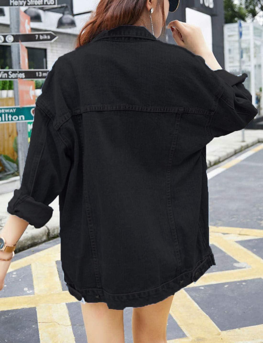 imageOmoone Womens Oversized Mid Long Denim Jacket Jean Biker CoatBlack