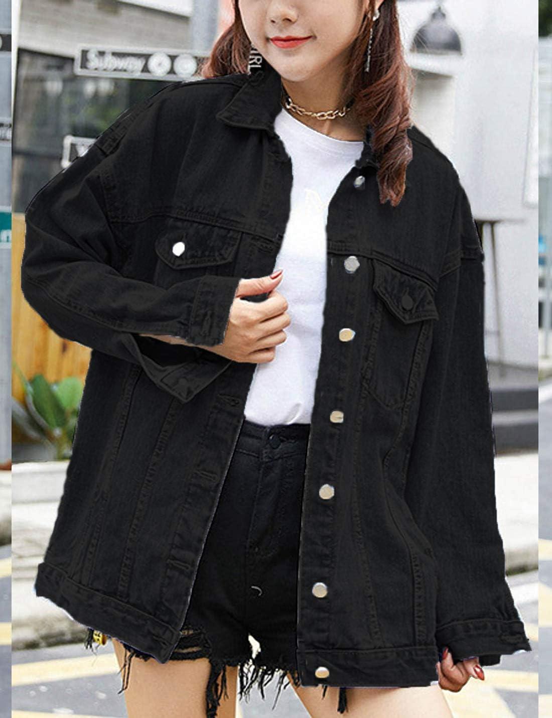 imageOmoone Womens Oversized Mid Long Denim Jacket Jean Biker CoatBlack
