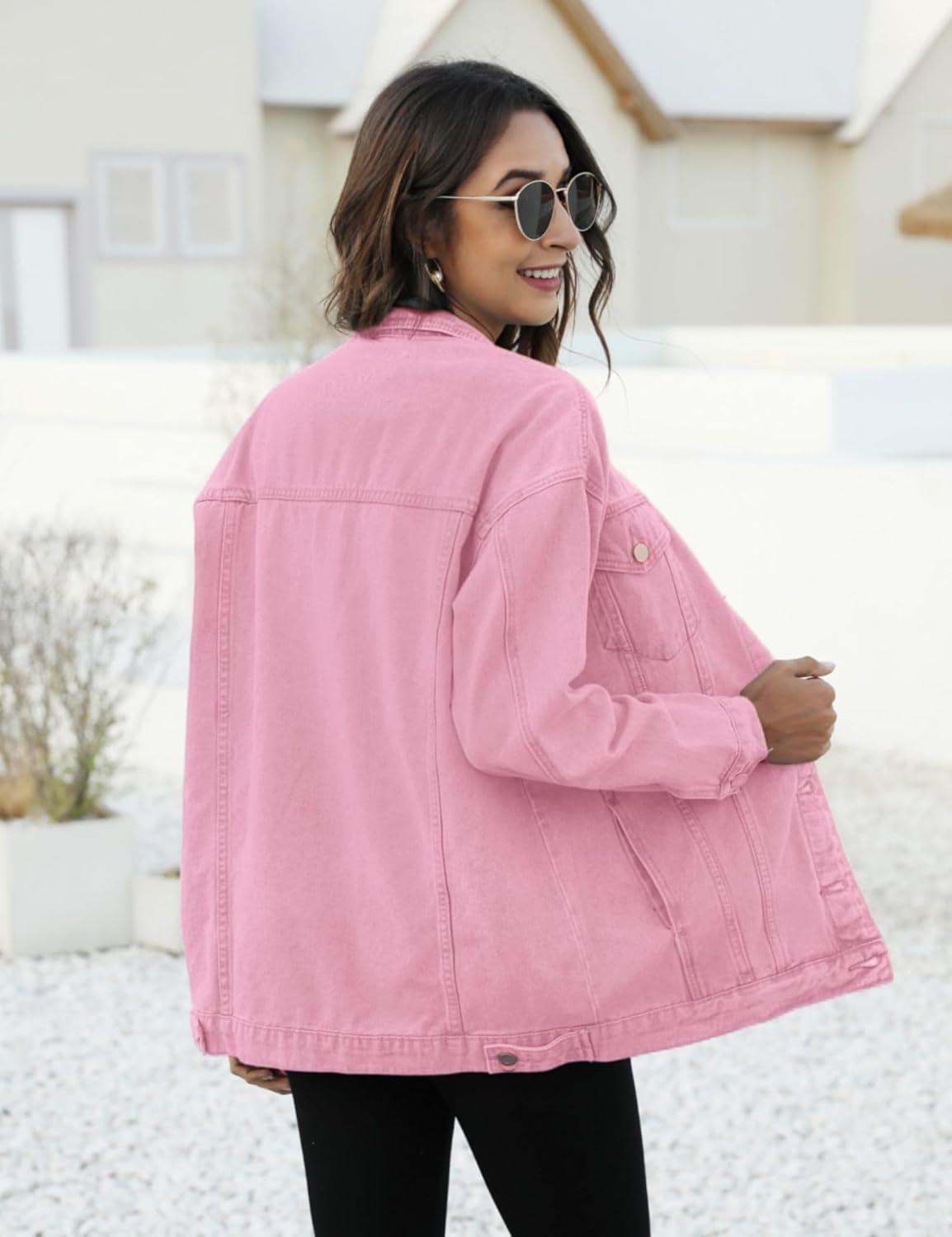 imageOmoone Womens Oversized Mid Long Denim Jacket Jean Biker CoatPink
