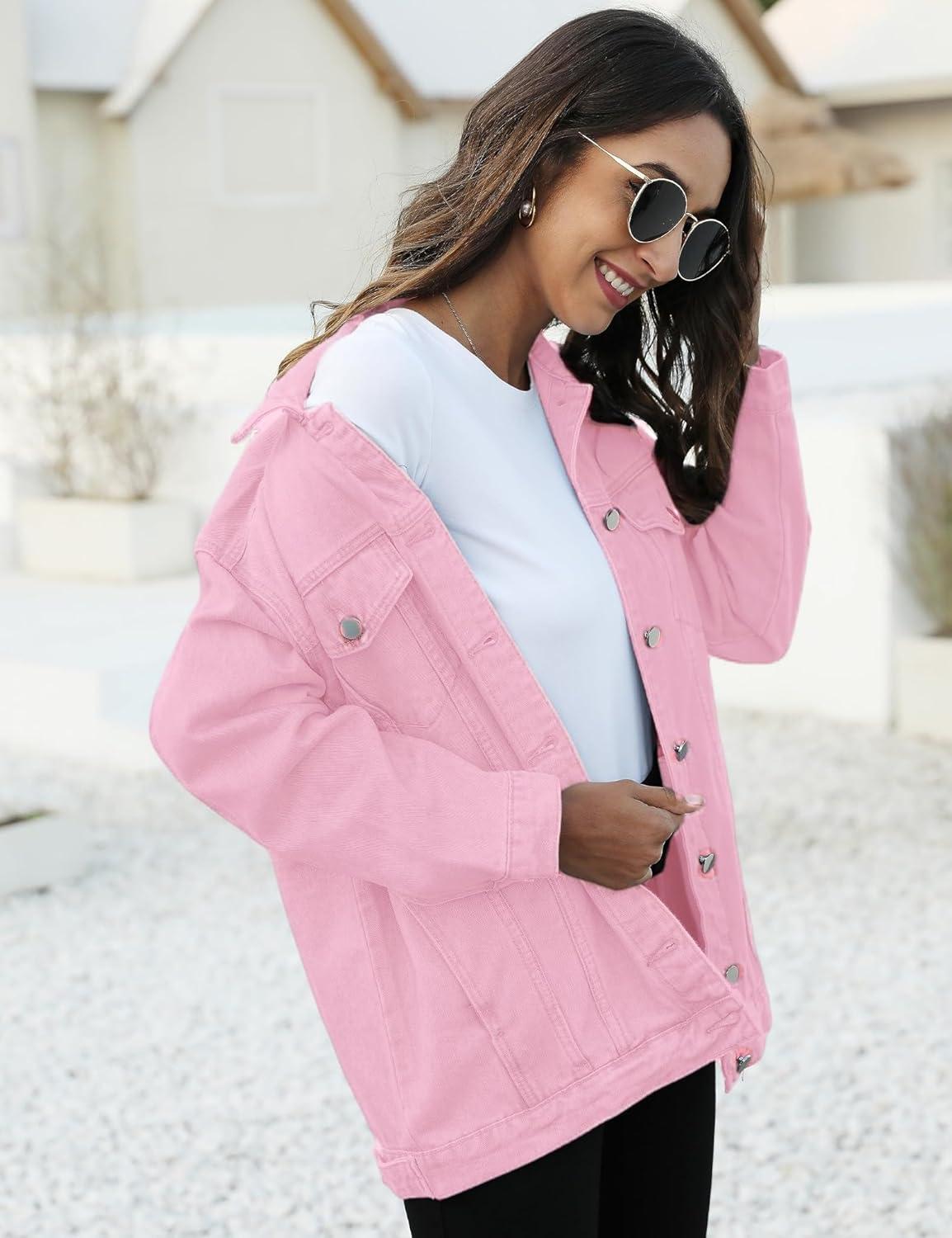 imageOmoone Womens Oversized Mid Long Denim Jacket Jean Biker CoatPink