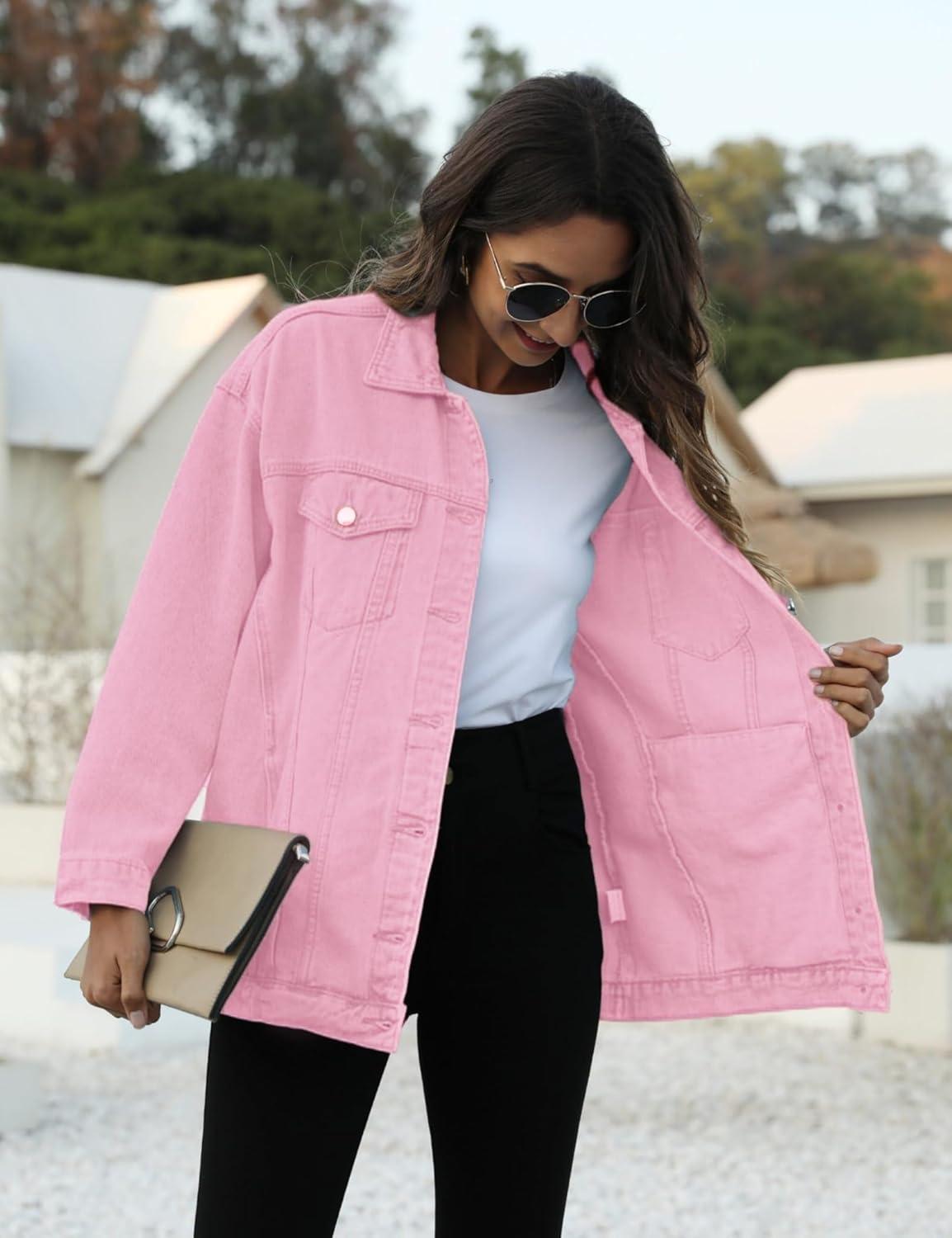 imageOmoone Womens Oversized Mid Long Denim Jacket Jean Biker CoatPink