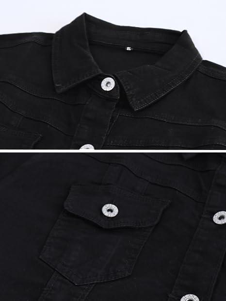 imageOmoone Womens Summer Short Sleeve Crop Denim Trucker Jacket Jean Coat TopsBlack