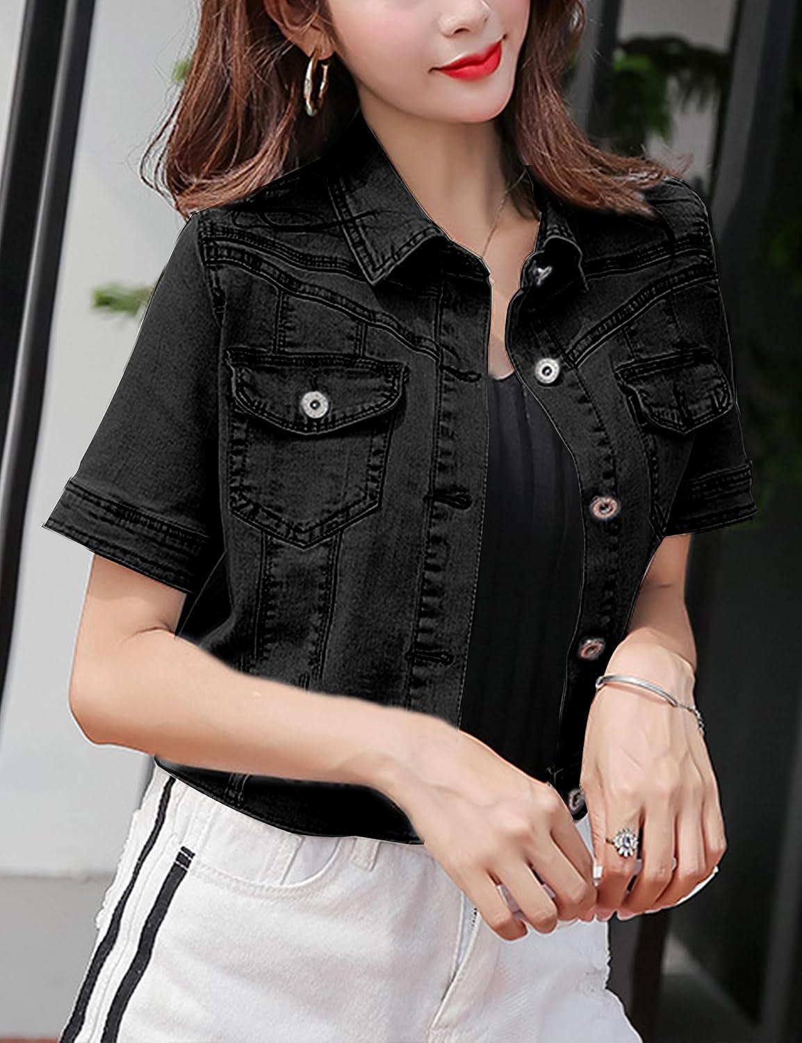 imageOmoone Womens Summer Short Sleeve Crop Denim Trucker Jacket Jean Coat TopsBlack