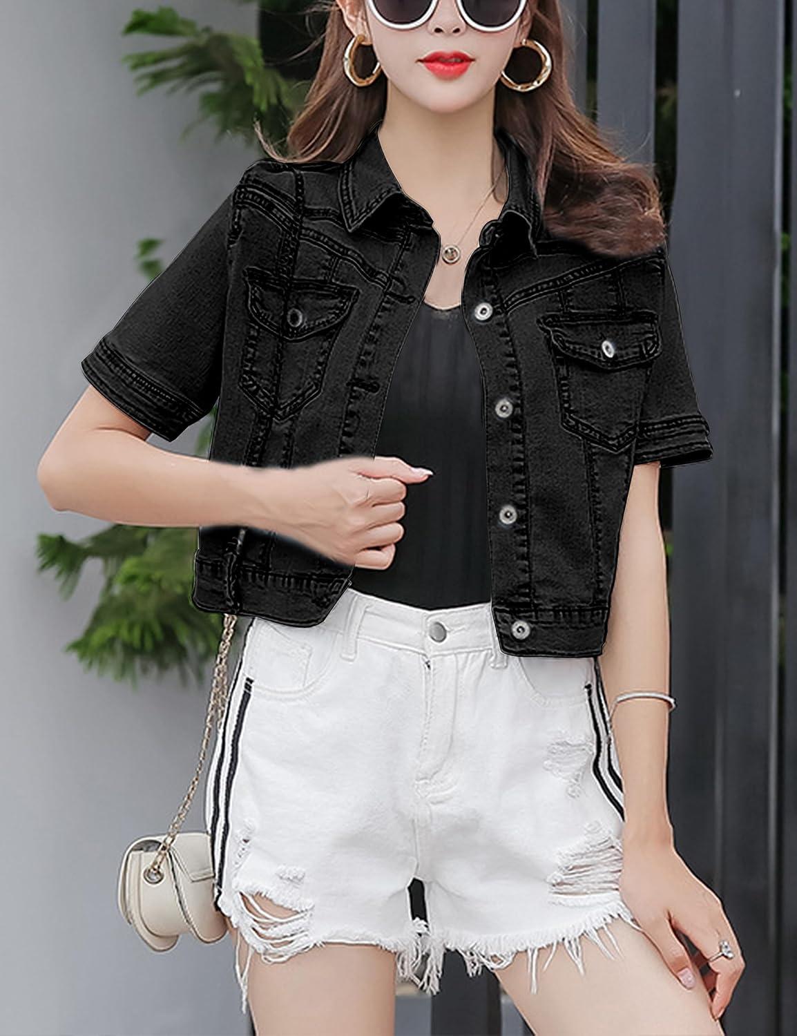 imageOmoone Womens Summer Short Sleeve Crop Denim Trucker Jacket Jean Coat TopsBlack