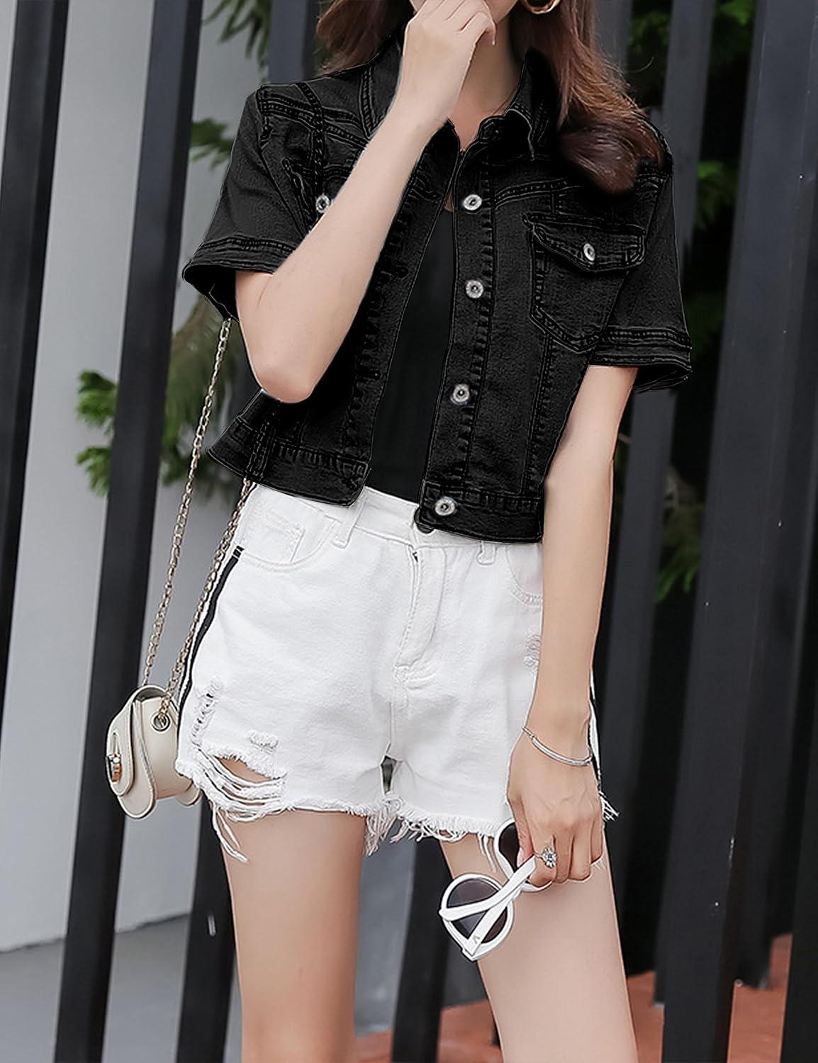 imageOmoone Womens Summer Short Sleeve Crop Denim Trucker Jacket Jean Coat TopsBlack