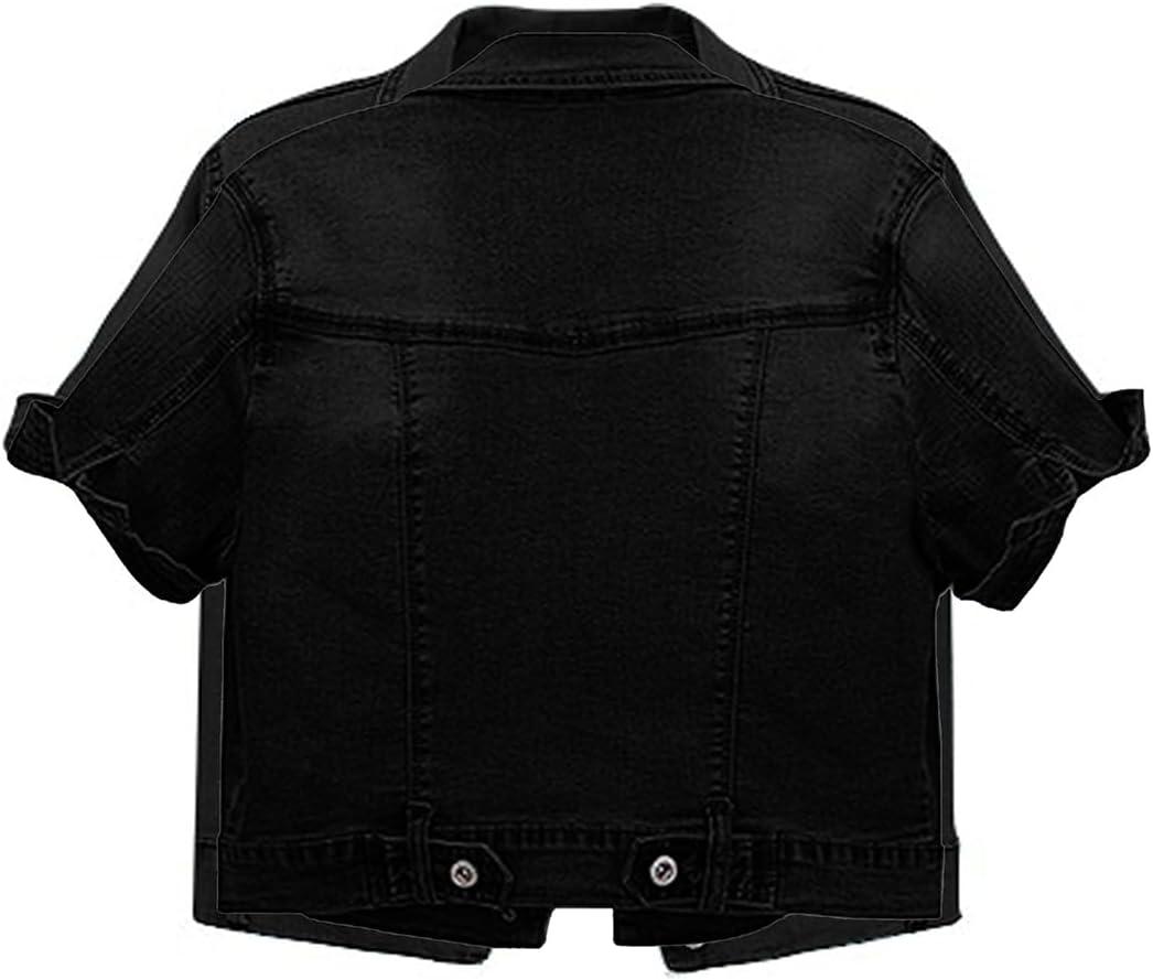 imageOmoone Womens Summer Short Sleeve Crop Denim Trucker Jacket Jean Coat TopsBlack