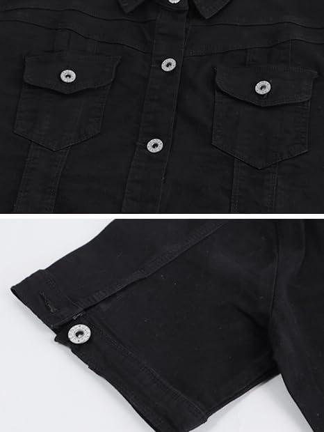 imageOmoone Womens Summer Short Sleeve Crop Denim Trucker Jacket Jean Coat TopsBlack