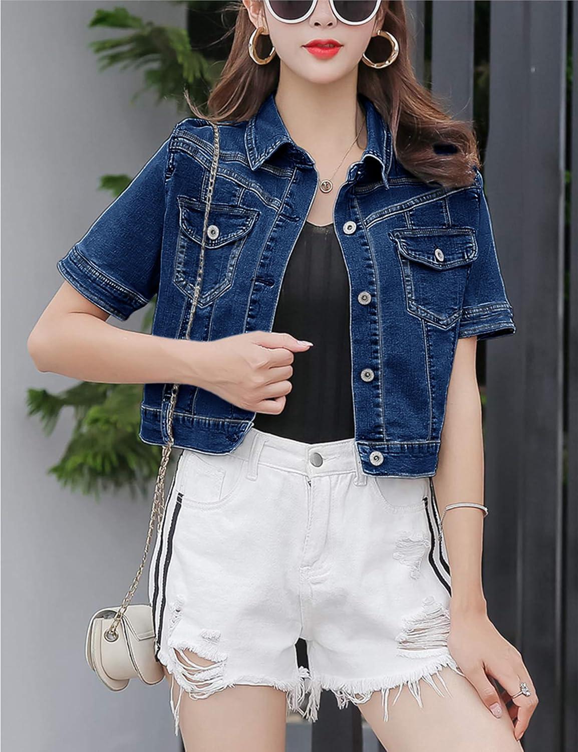 imageOmoone Womens Summer Short Sleeve Crop Denim Trucker Jacket Jean Coat TopsDenim Blue