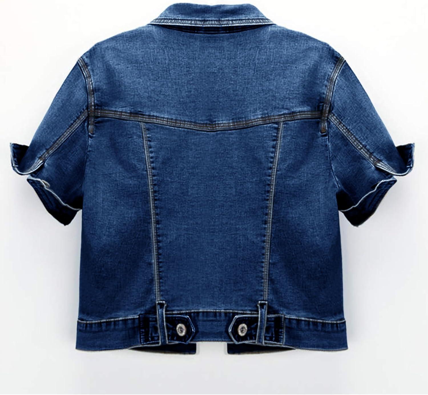 imageOmoone Womens Summer Short Sleeve Crop Denim Trucker Jacket Jean Coat TopsDenim Blue