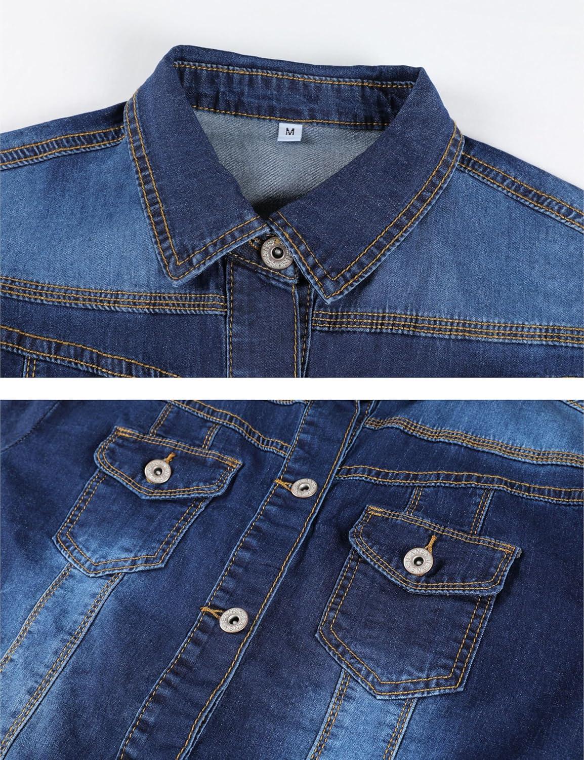 imageOmoone Womens Summer Short Sleeve Crop Denim Trucker Jacket Jean Coat TopsDenim Blue