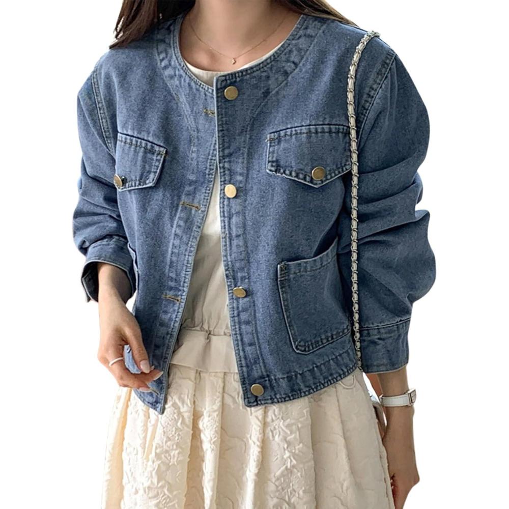 imageOmoone Womens Denim Jacket Long Sleeve Crop Button Down Collarless Jean Jacket Coat with PocketsDenimblue