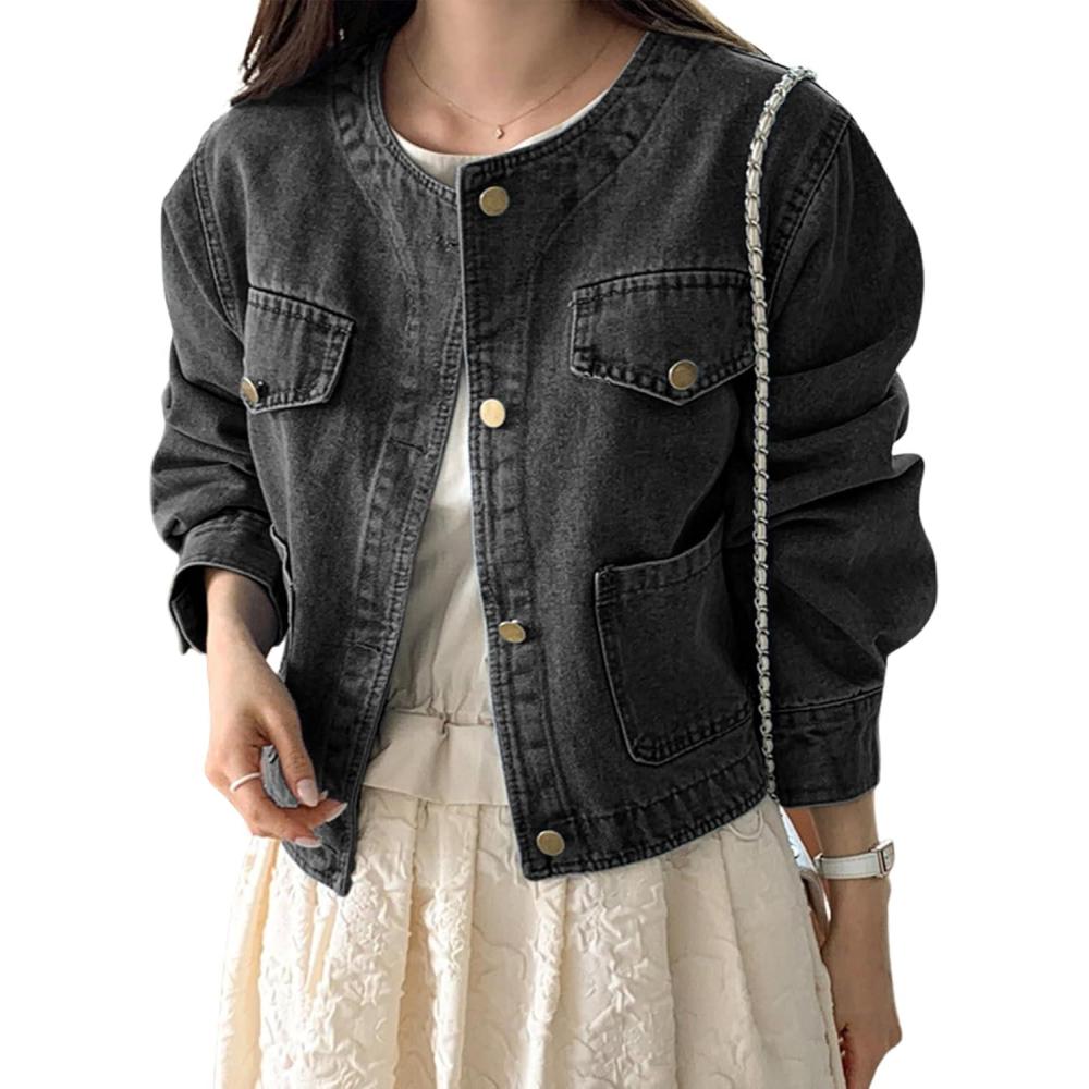imageOmoone Womens Denim Jacket Long Sleeve Crop Button Down Collarless Jean Jacket Coat with PocketsGrey