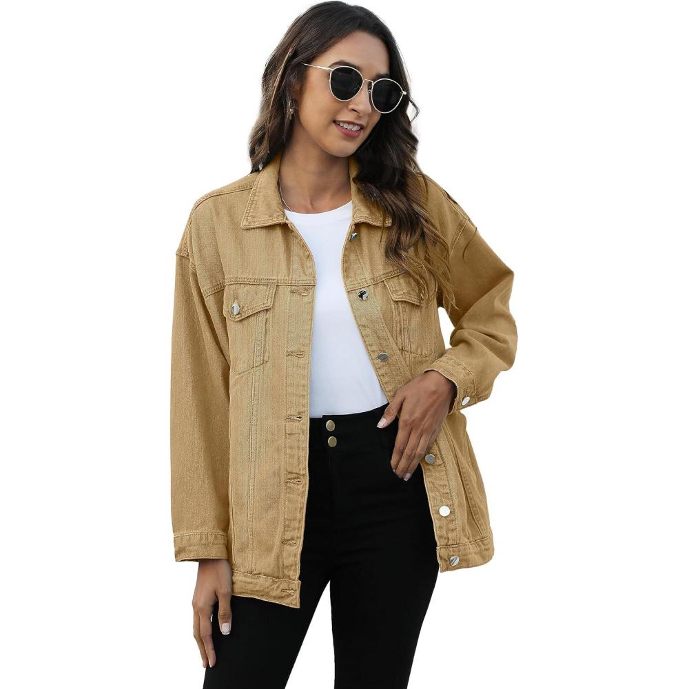 imageOmoone Womens Oversized Mid Long Denim Jacket Jean Biker CoatKhaki