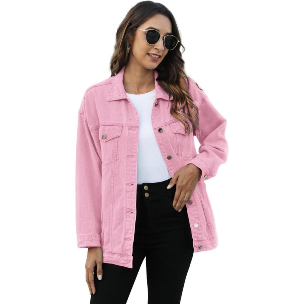 imageOmoone Womens Oversized Mid Long Denim Jacket Jean Biker CoatPink
