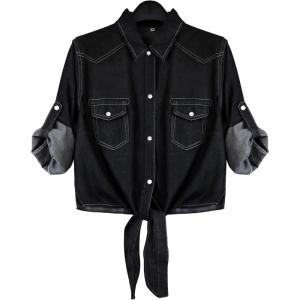 Omoone Women’s 3/4 Sleeve Modern Denim Crop Top Tie Knot Shirt Cardigan(Black01)