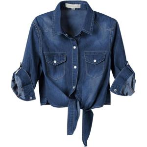 Omoone Women’s 3/4 Sleeve Modern Denim Crop Top Tie Knot Shirt Cardigan(Dark Blue)